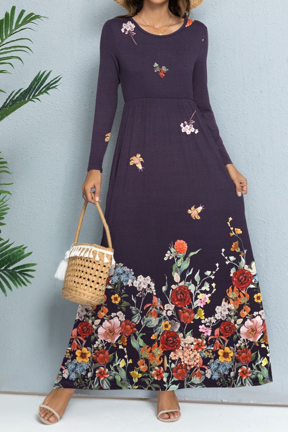 Floral Long Sleeve Round Neck Maxi Dress