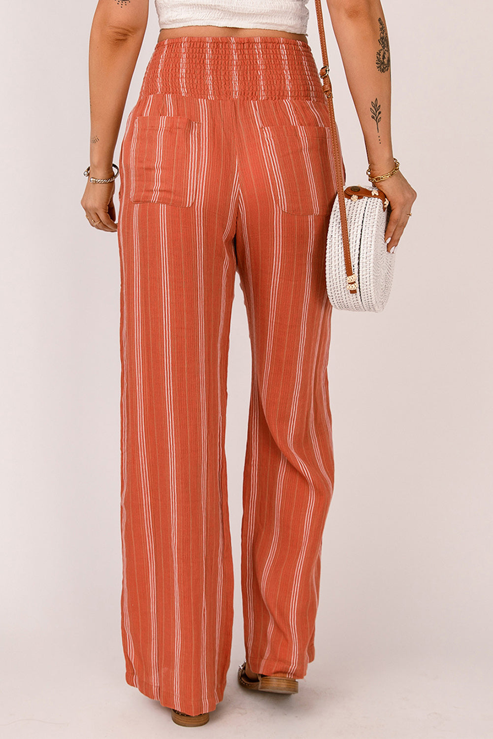 Striped High Waist Smocked Straight Leg Pants