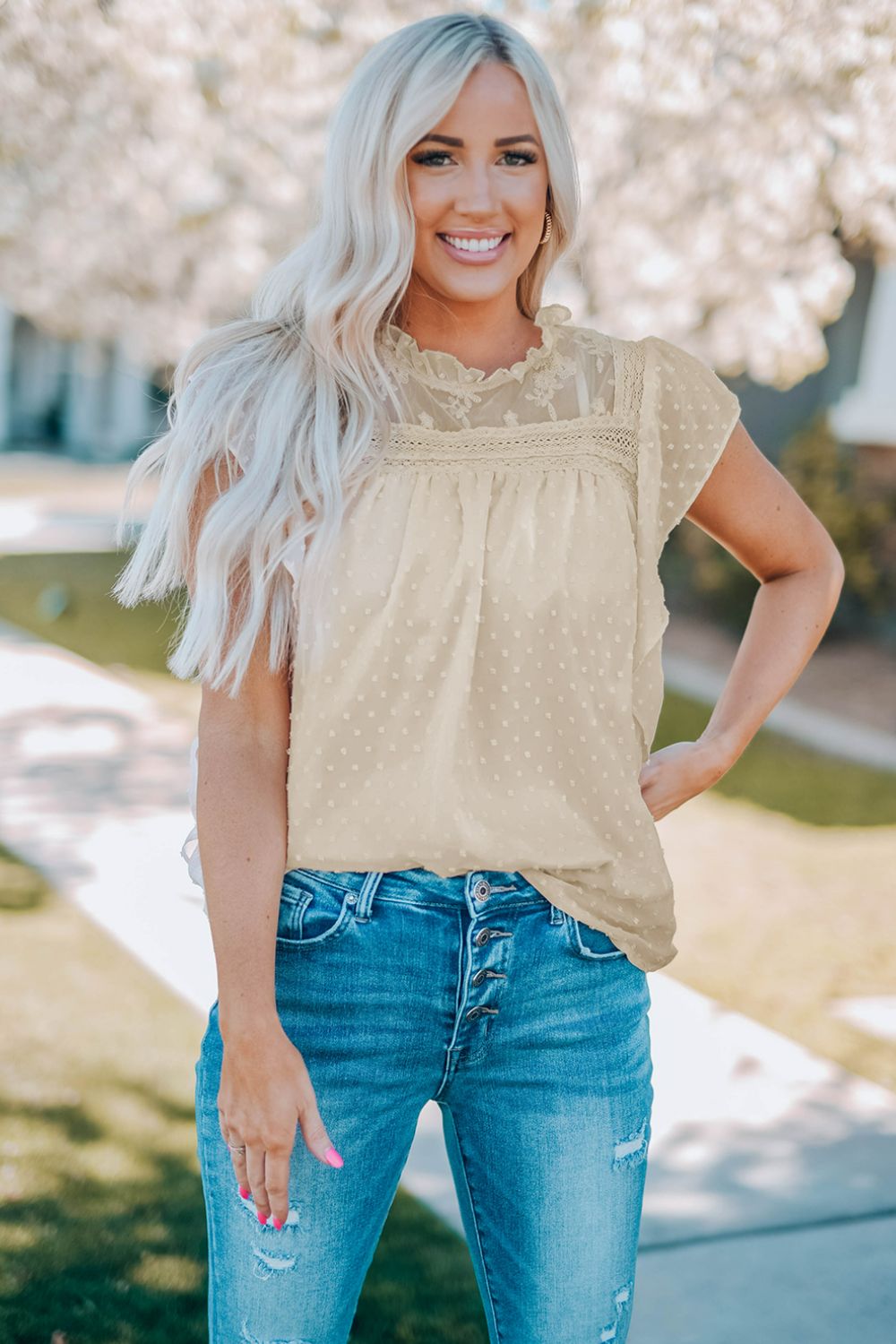 Swiss Dot Spliced Lace Flutter Sleeve Top