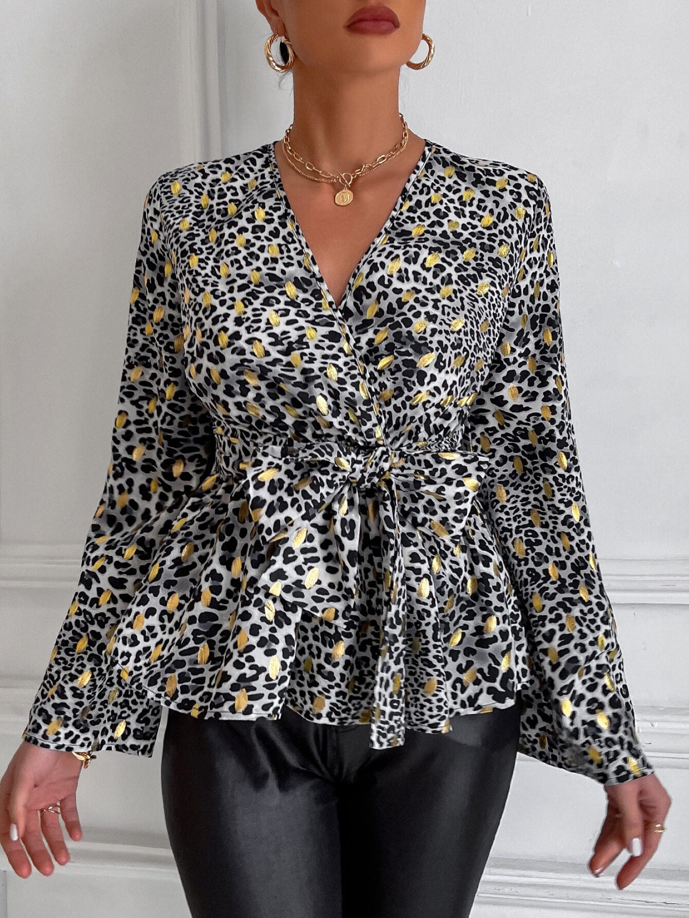 Mixed Print Tie-Waist Bell Sleeve Blouse