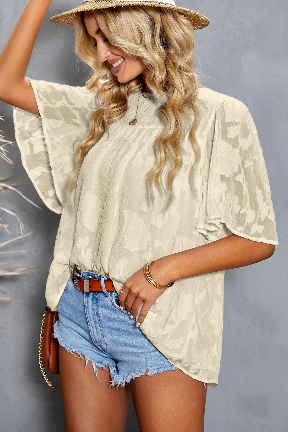 Gathered Detail Flutter Sleeve Babydoll Top