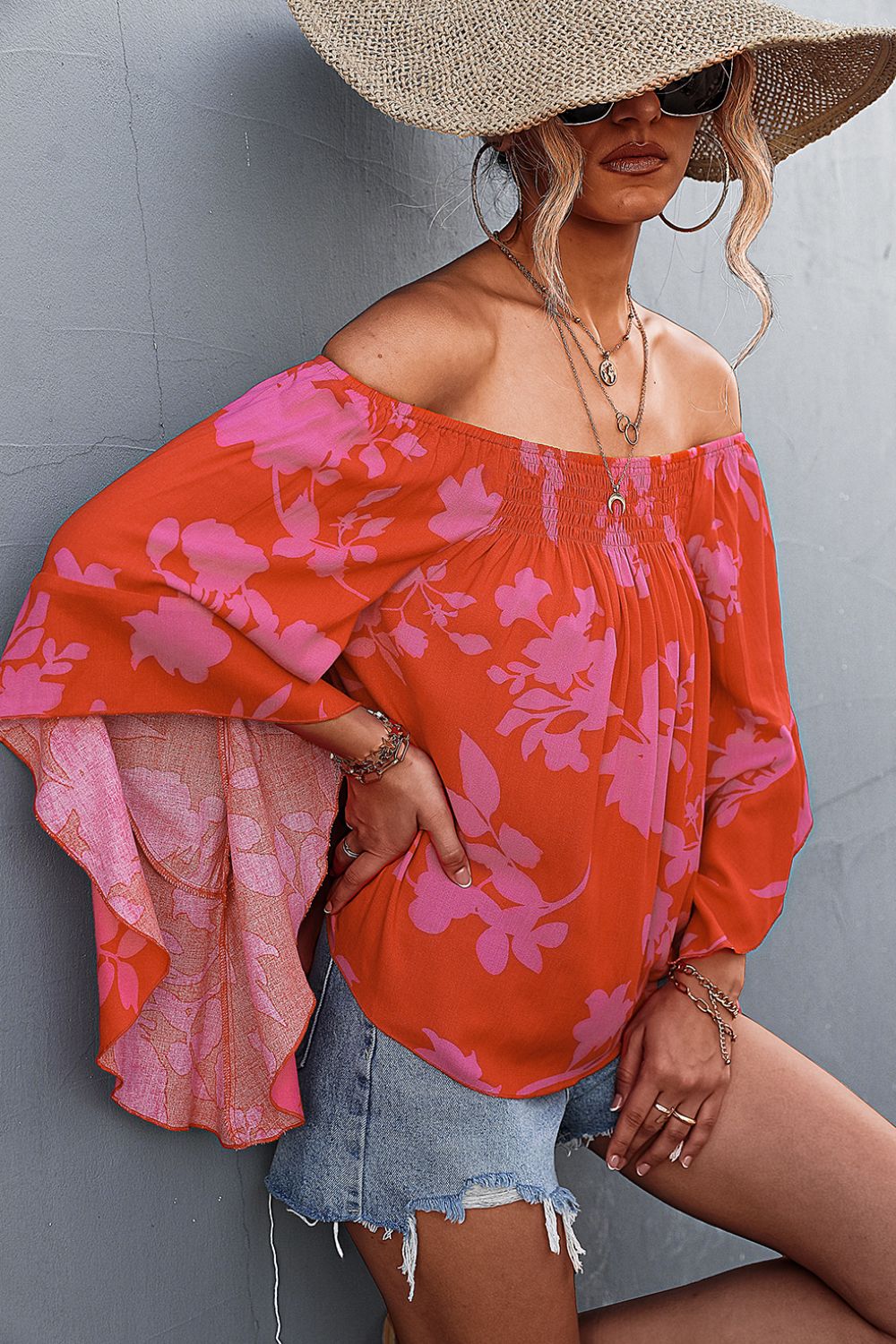 Floral Smocked Bell Sleeve Off-Shoulder Top