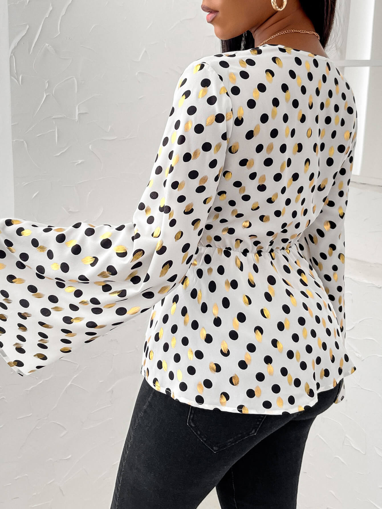 Mixed Print Tie-Waist Bell Sleeve Blouse