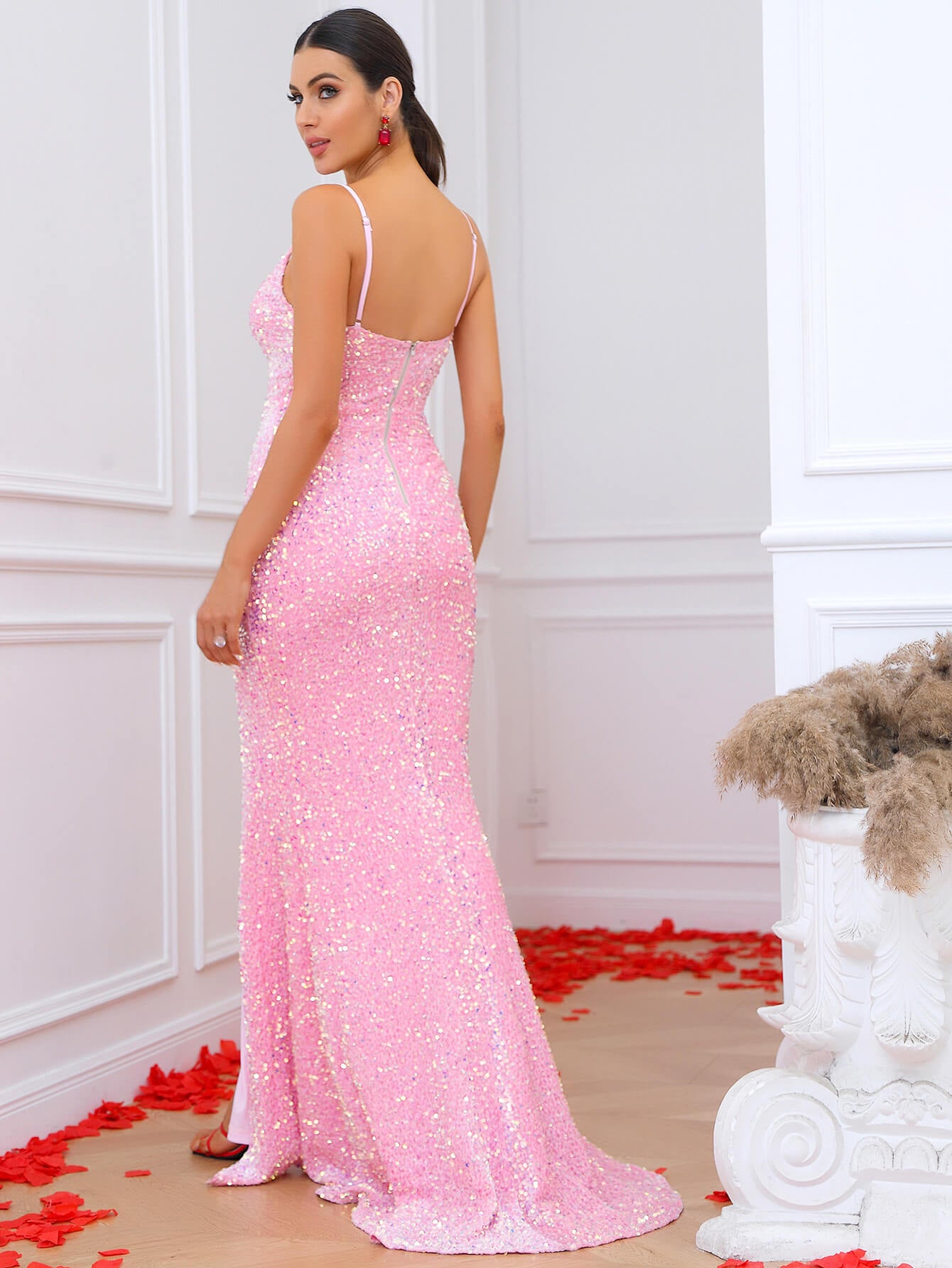 Sequin Spaghetti Strap Split Train Dress