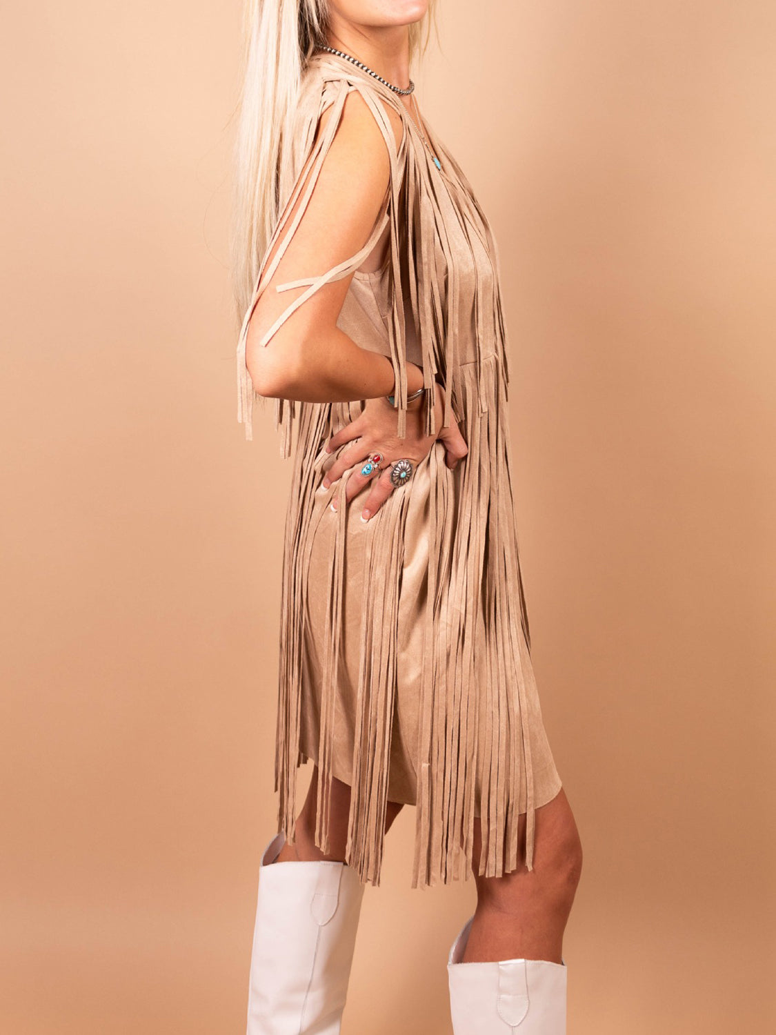 Full Size Fringe V-Neck Sleeveless Mini Dress