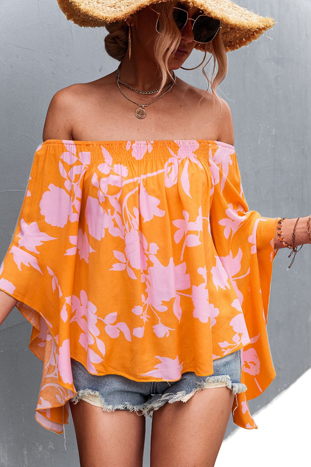 Floral Smocked Bell Sleeve Off-Shoulder Top