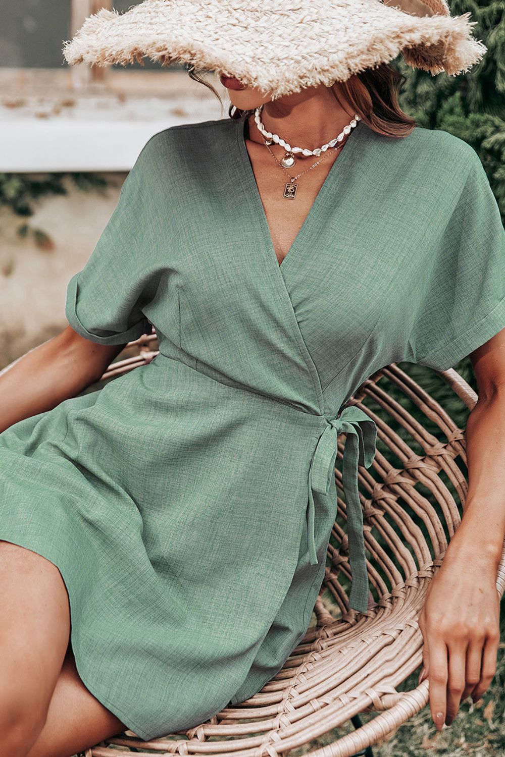 Tie Waist Cuffed Surplice Romper