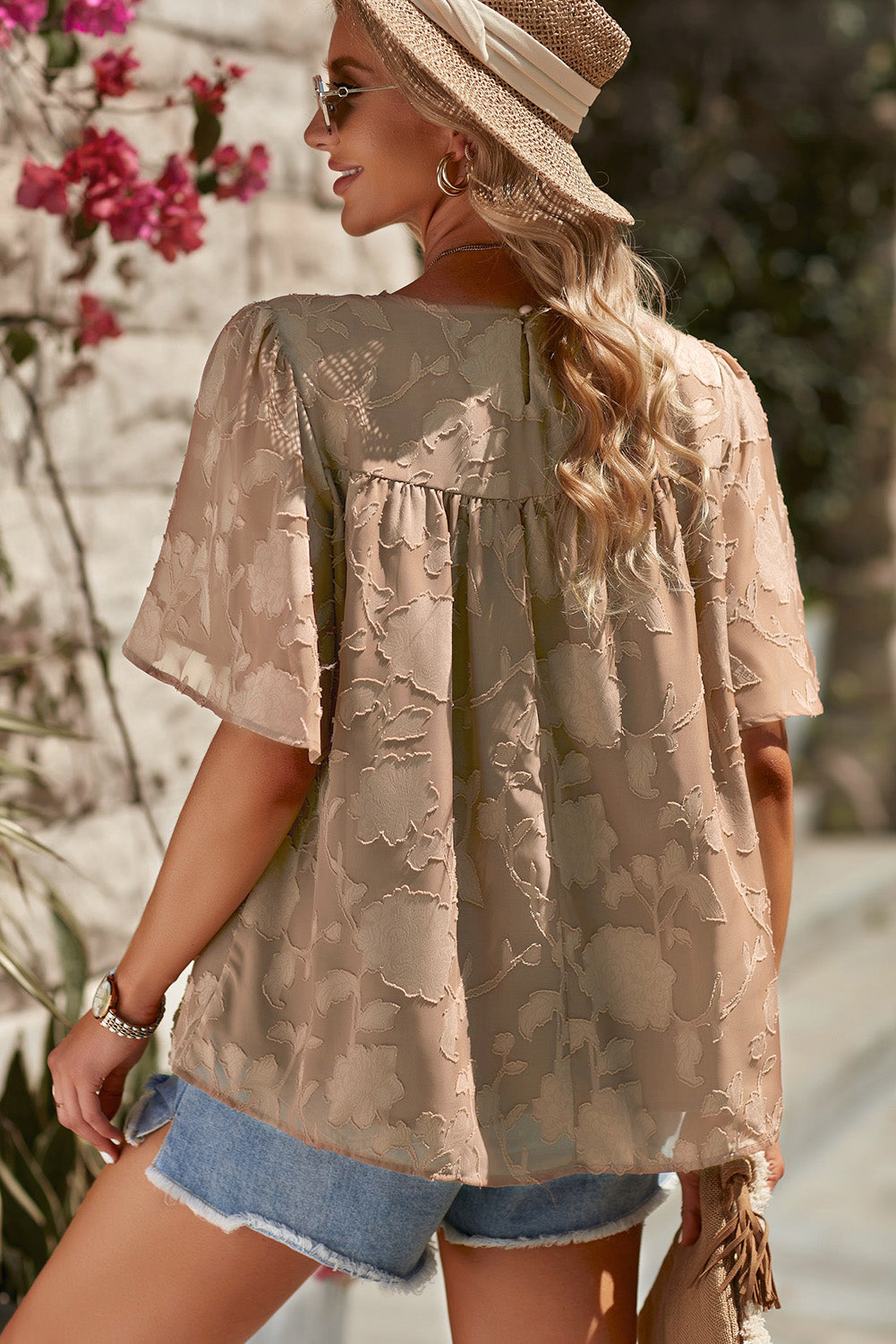 Gathered Detail Flutter Sleeve Babydoll Top