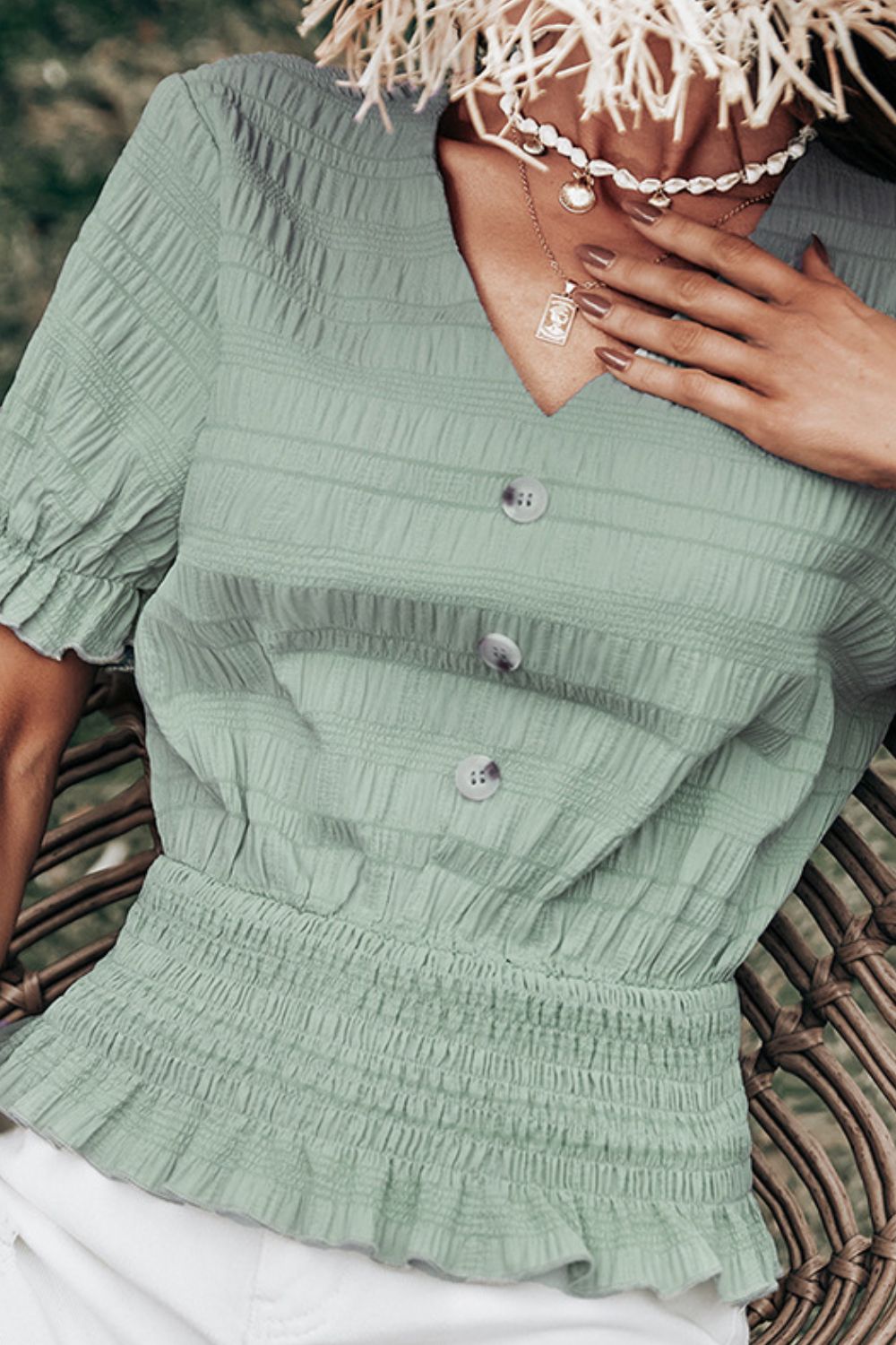 Decorative Button V-Neck Flounce Sleeve Peplum Top