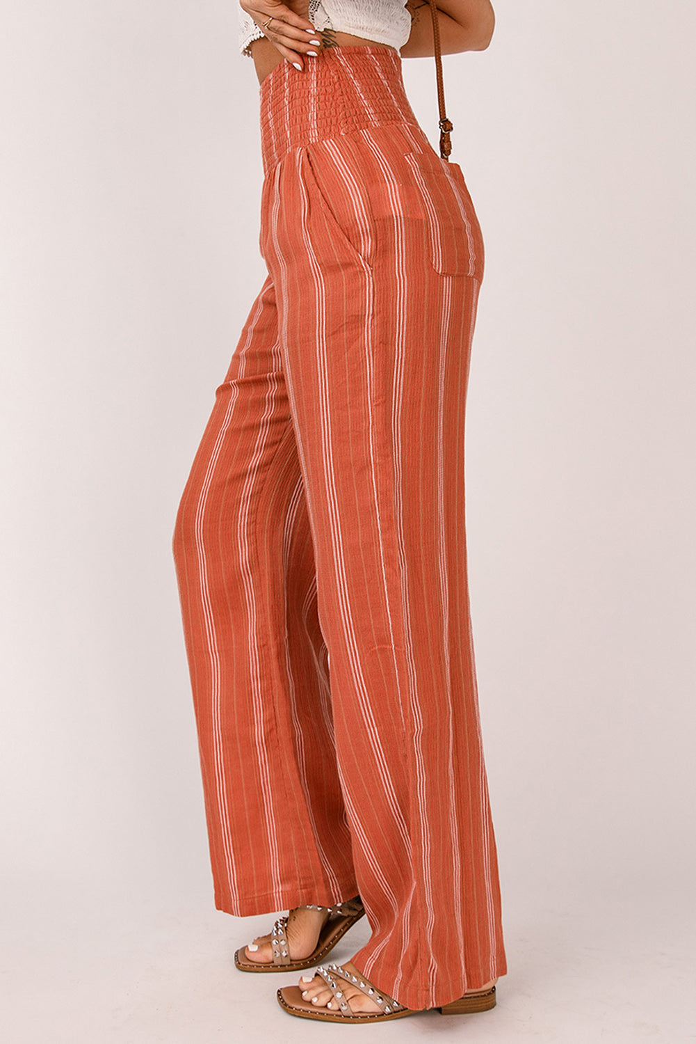 Striped High Waist Smocked Straight Leg Pants