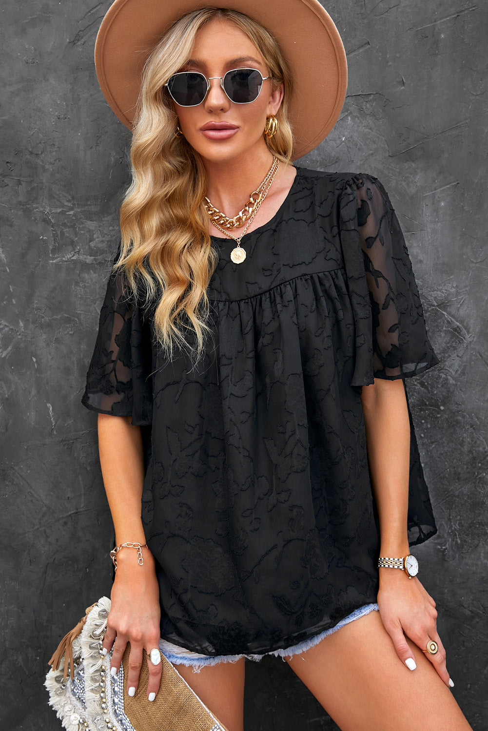 Gathered Detail Flutter Sleeve Babydoll Top