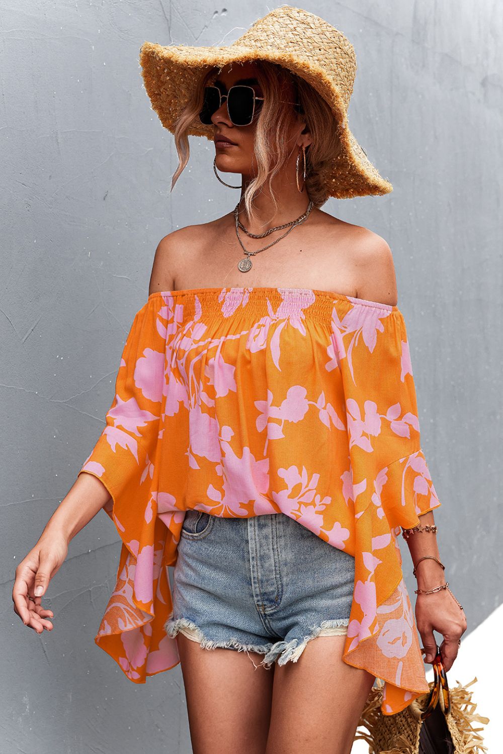Floral Smocked Bell Sleeve Off-Shoulder Top