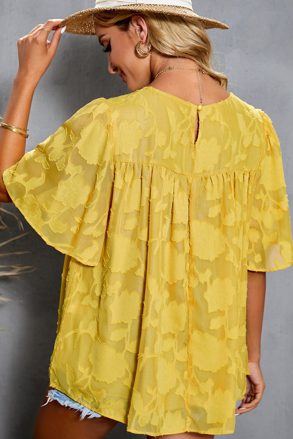 Gathered Detail Flutter Sleeve Babydoll Top