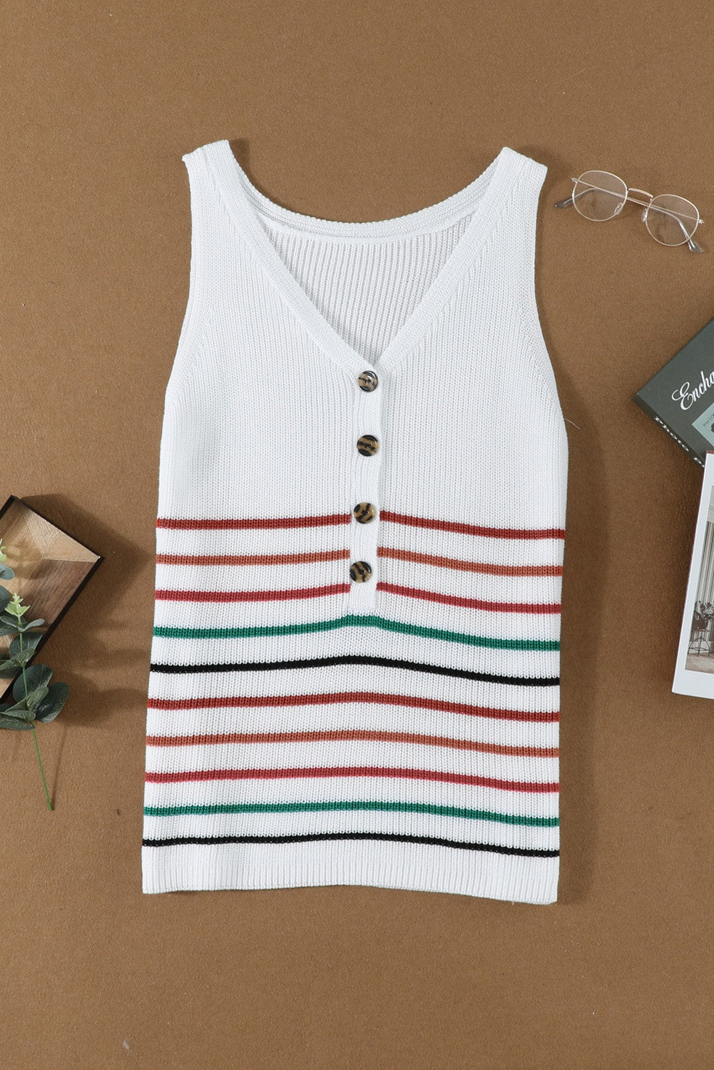 V Neck Striped Pattern Knit Tank