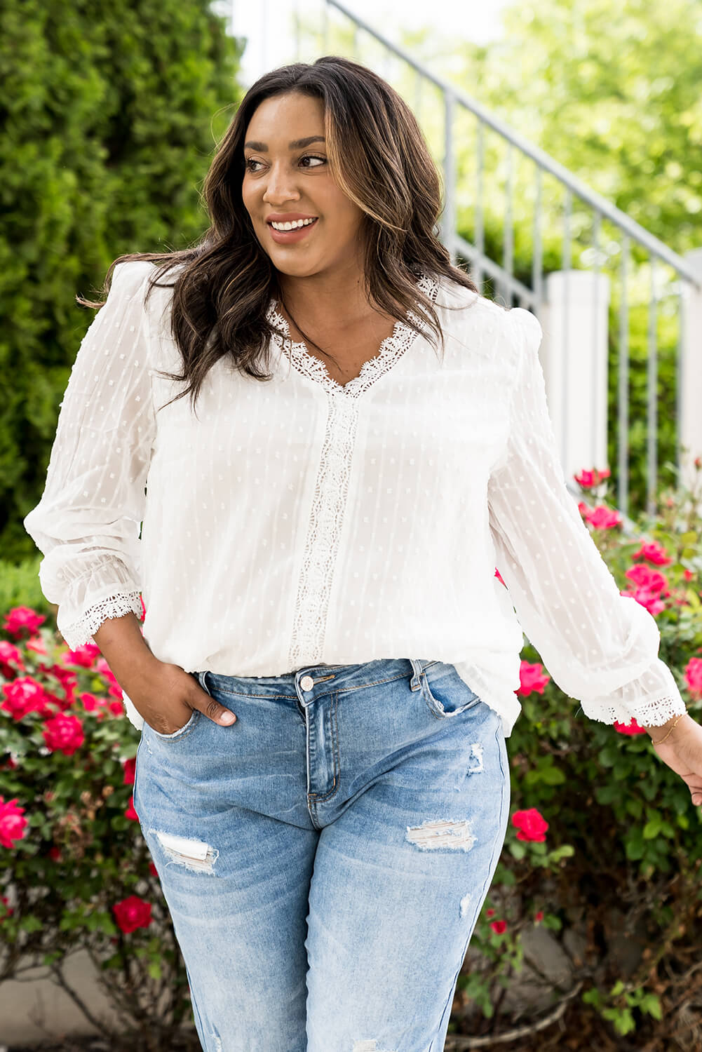 Plus Size Swiss Dot Lace Trim Blouse