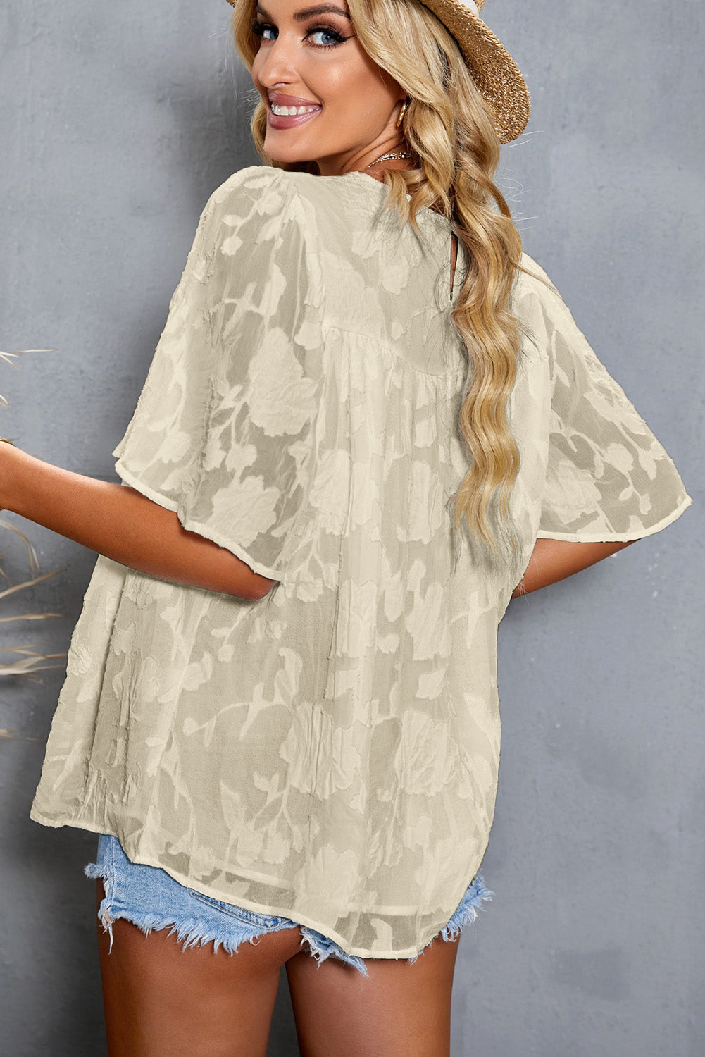Gathered Detail Flutter Sleeve Babydoll Top