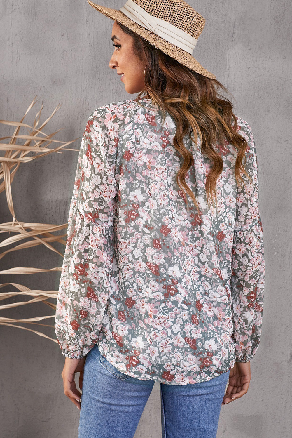 Floral V-Neck Curved Hem Blouse