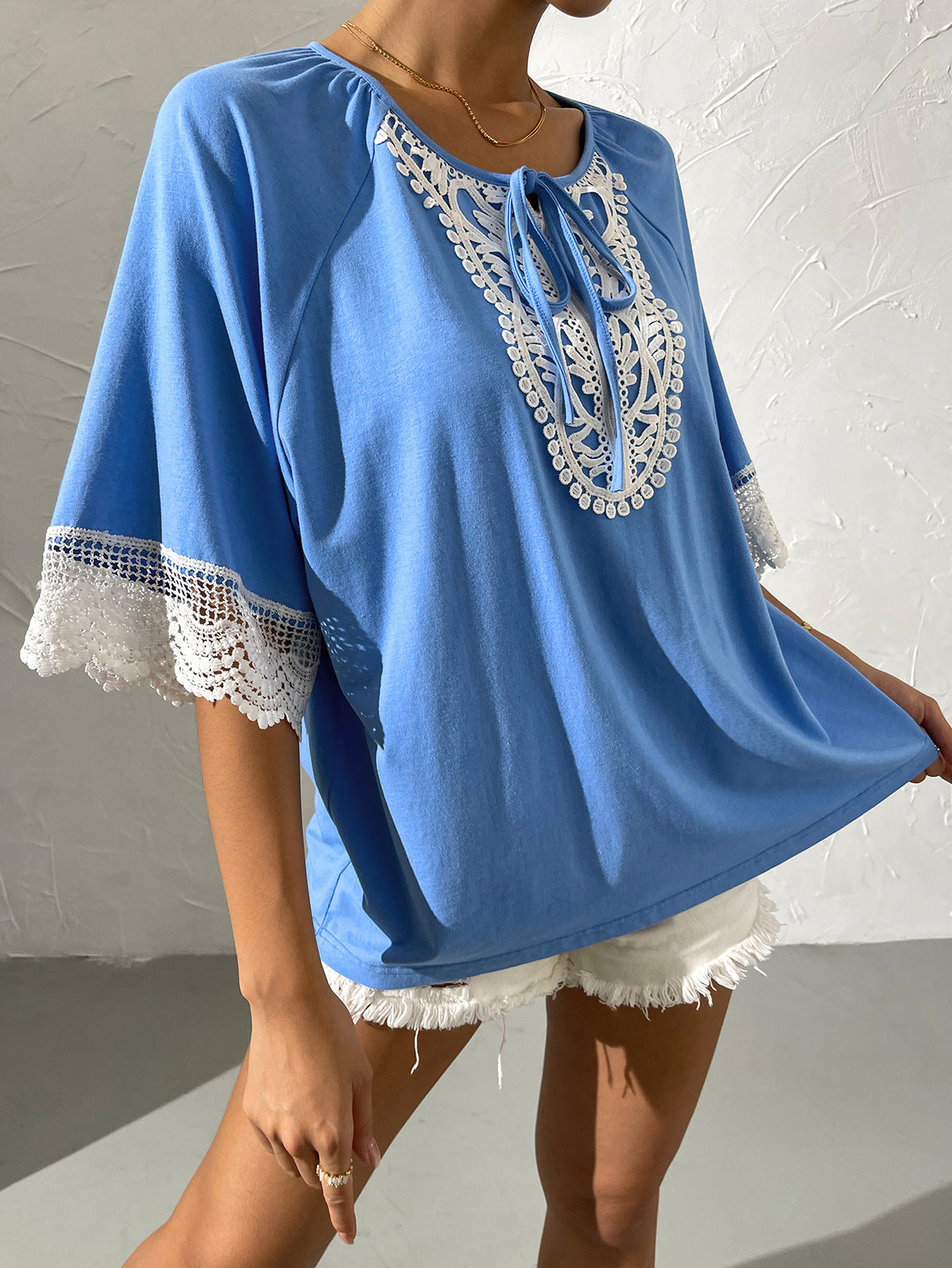 Spliced Lace Tied Tee Shirt