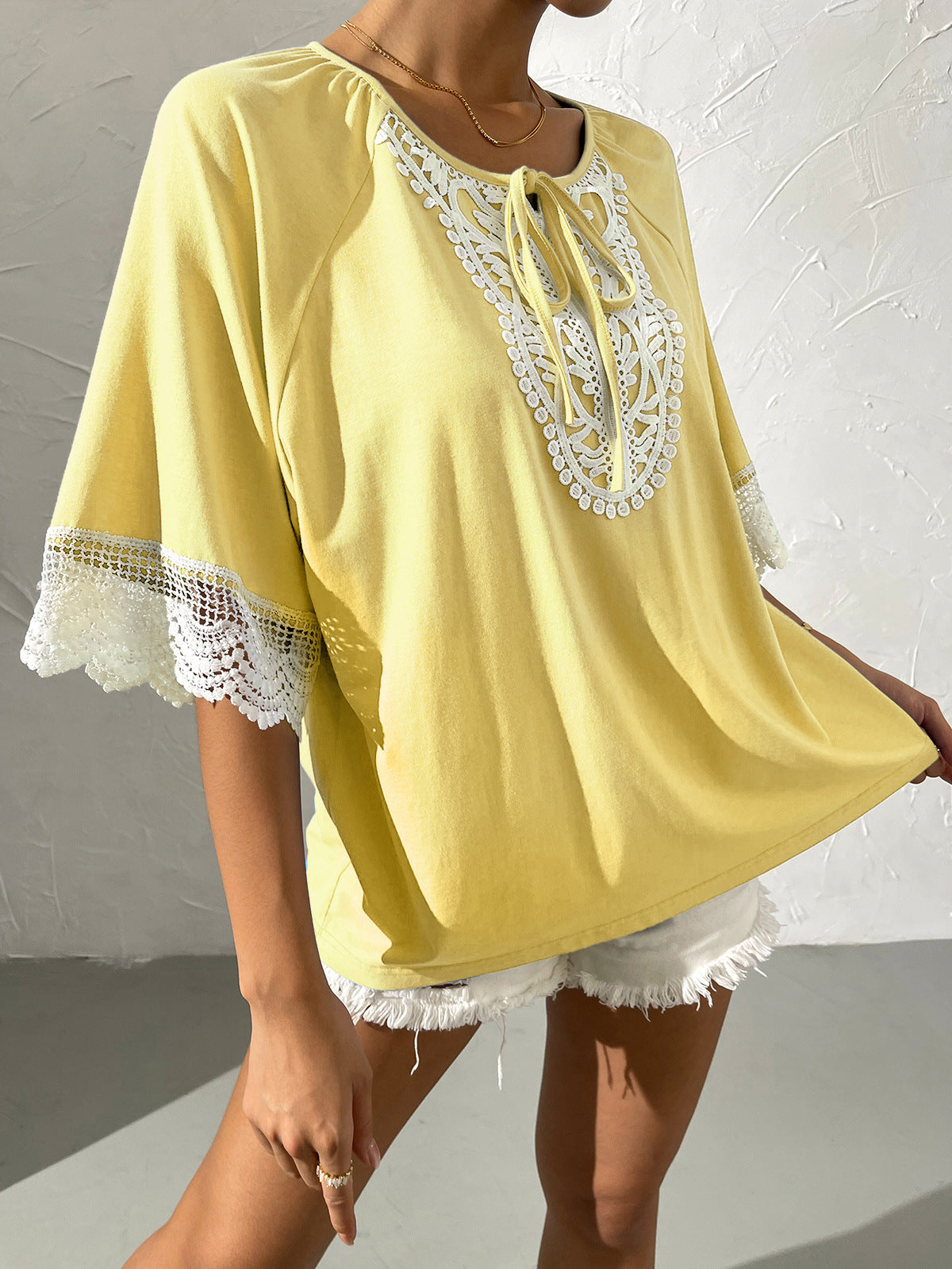 Spliced Lace Tied Tee Shirt