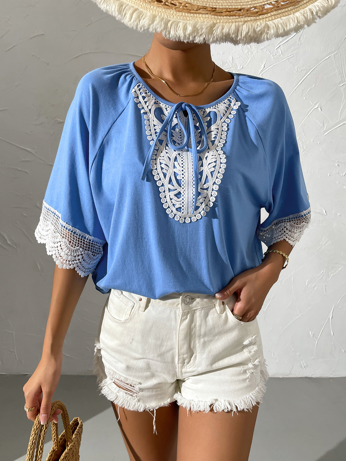 Spliced Lace Tied Tee Shirt