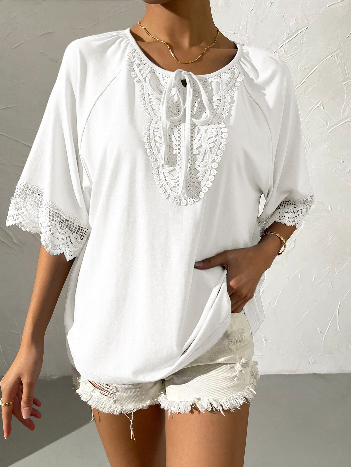 Spliced Lace Tied Tee Shirt
