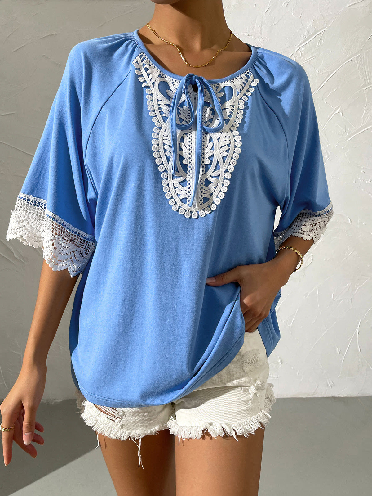 Spliced Lace Tied Tee Shirt