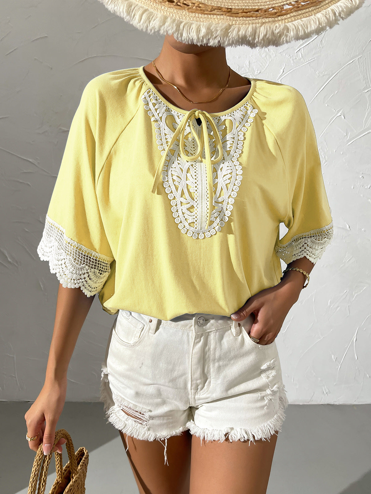 Spliced Lace Tied Tee Shirt