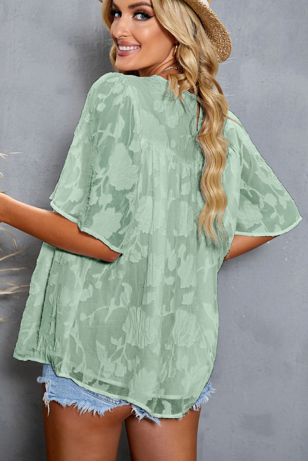 Gathered Detail Flutter Sleeve Babydoll Top