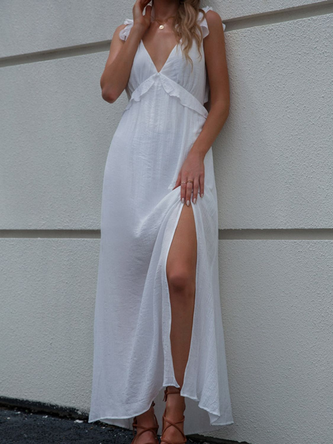 Tie Back Cutout Ruffled Split Maxi Dress