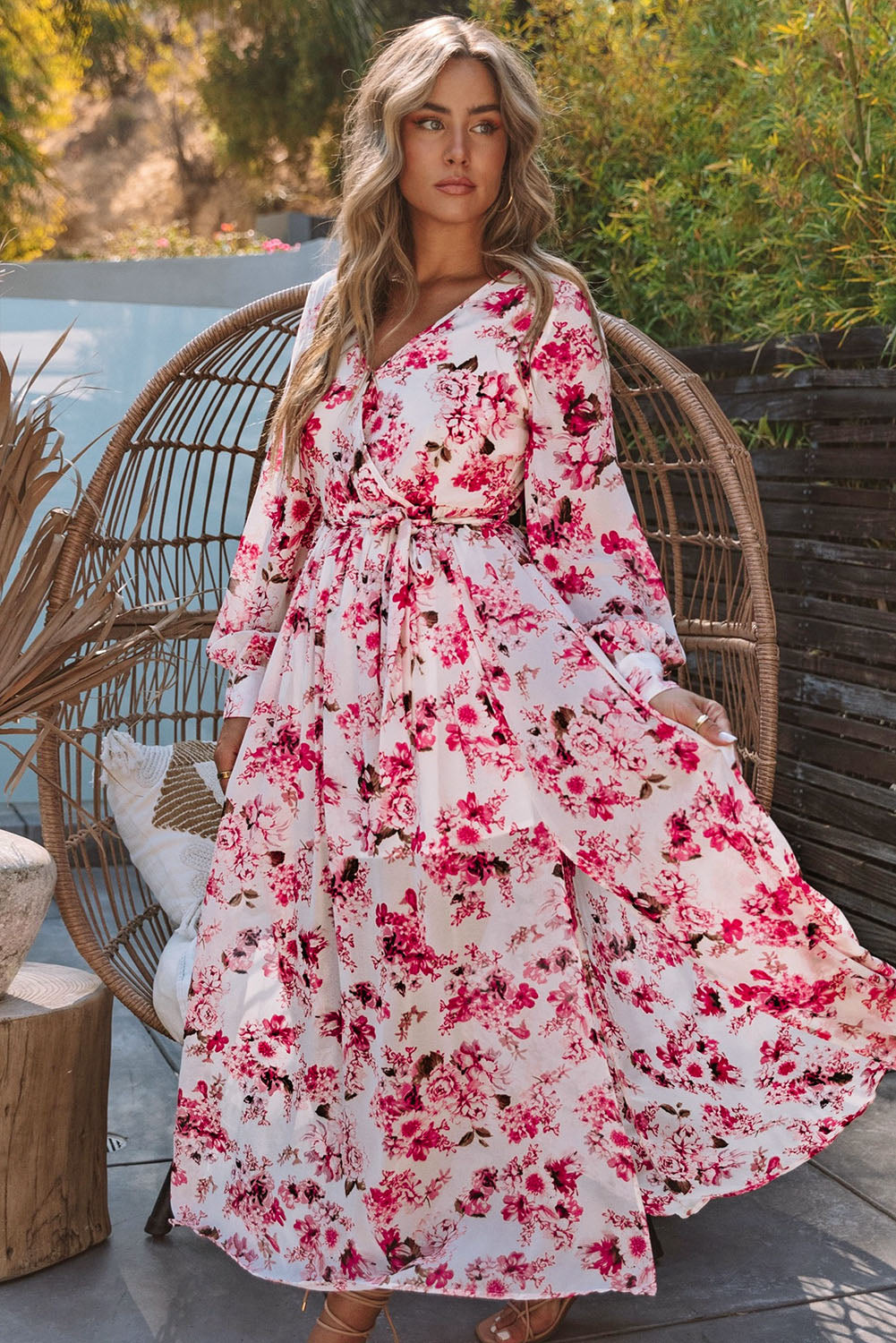 Floral Surplice Split Tie Waist Maxi Dress