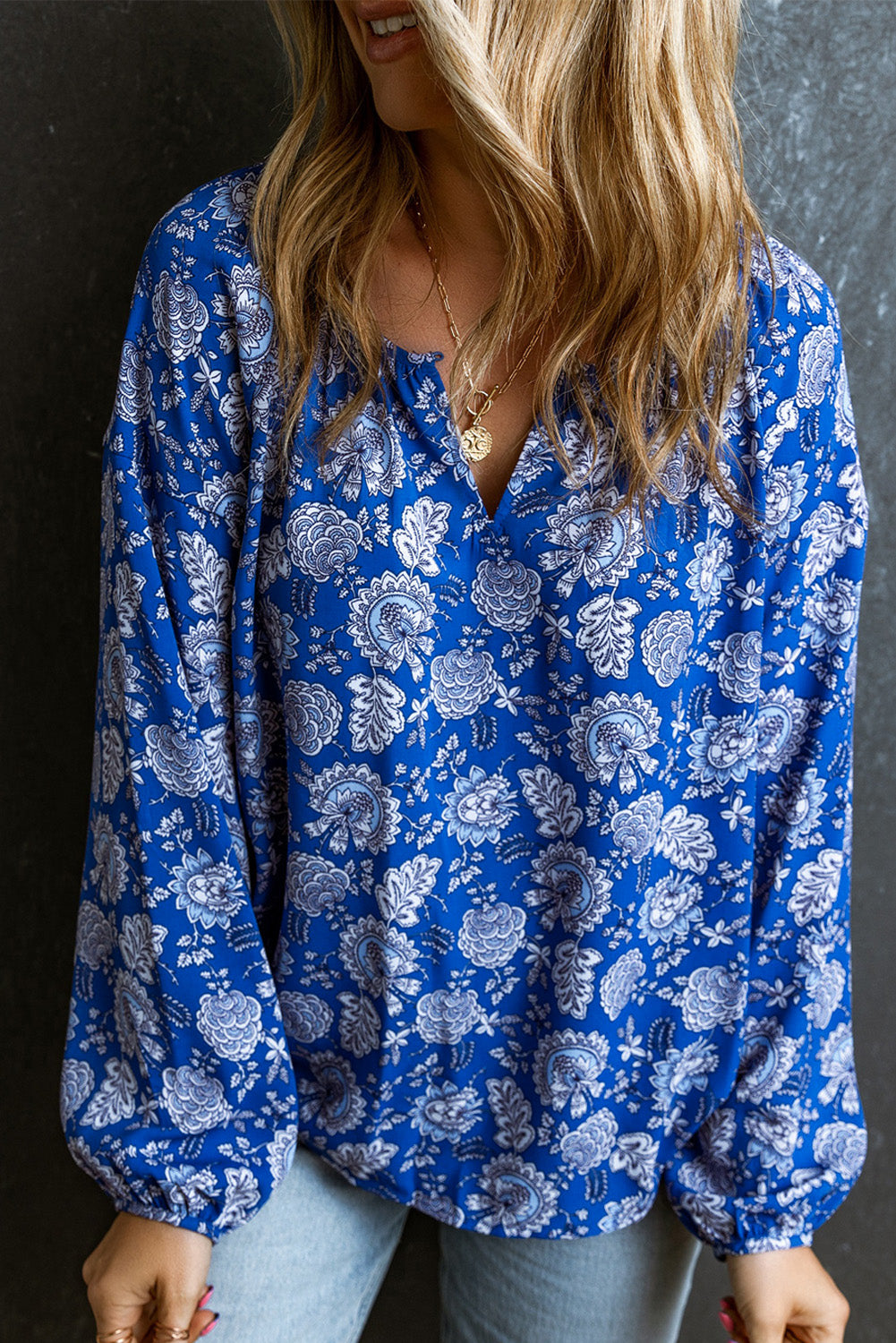 Floral Tie Neck Balloon Sleeve Blouse main image 1