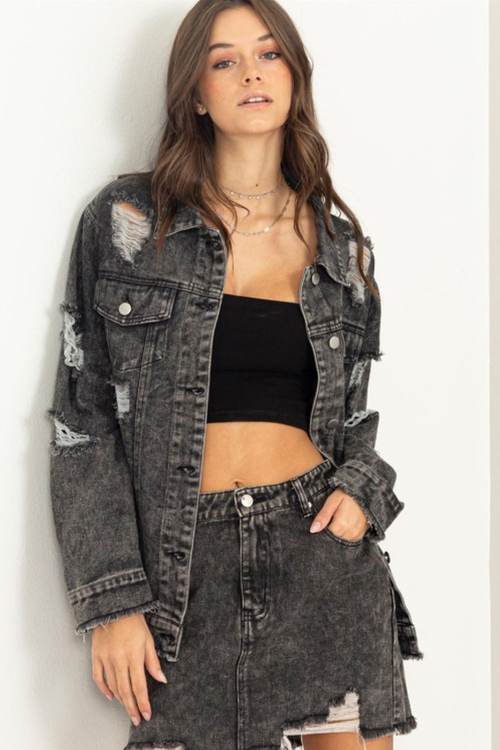 Tess Distressed Denim Jacket in Black Denim