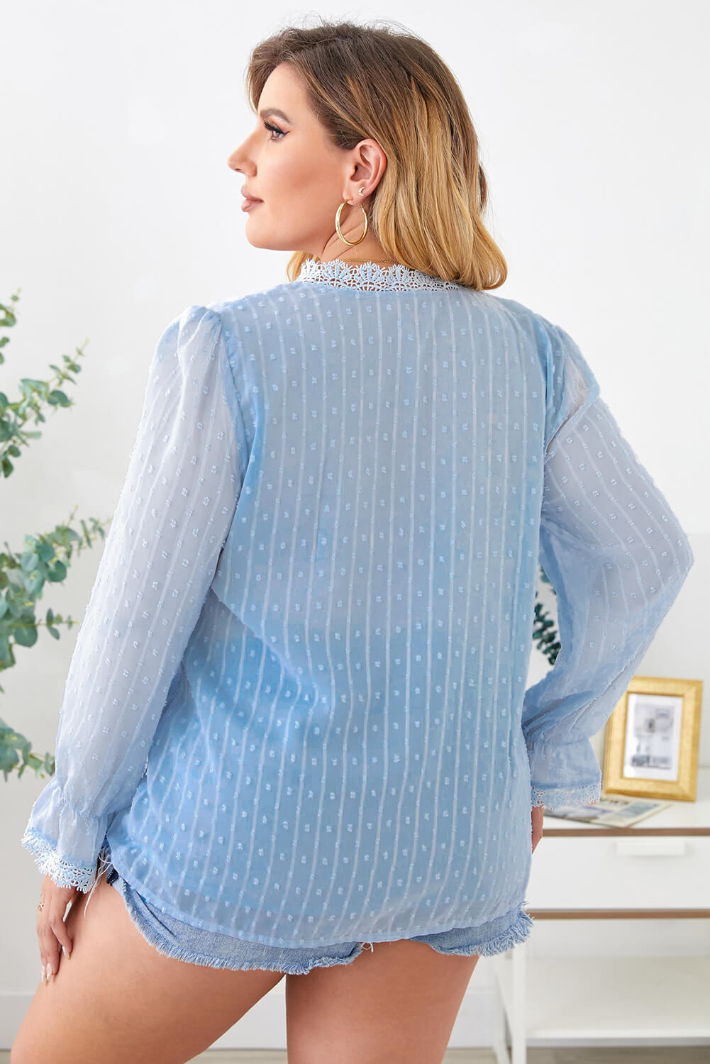 Plus Size Swiss Dot Lace Trim Blouse