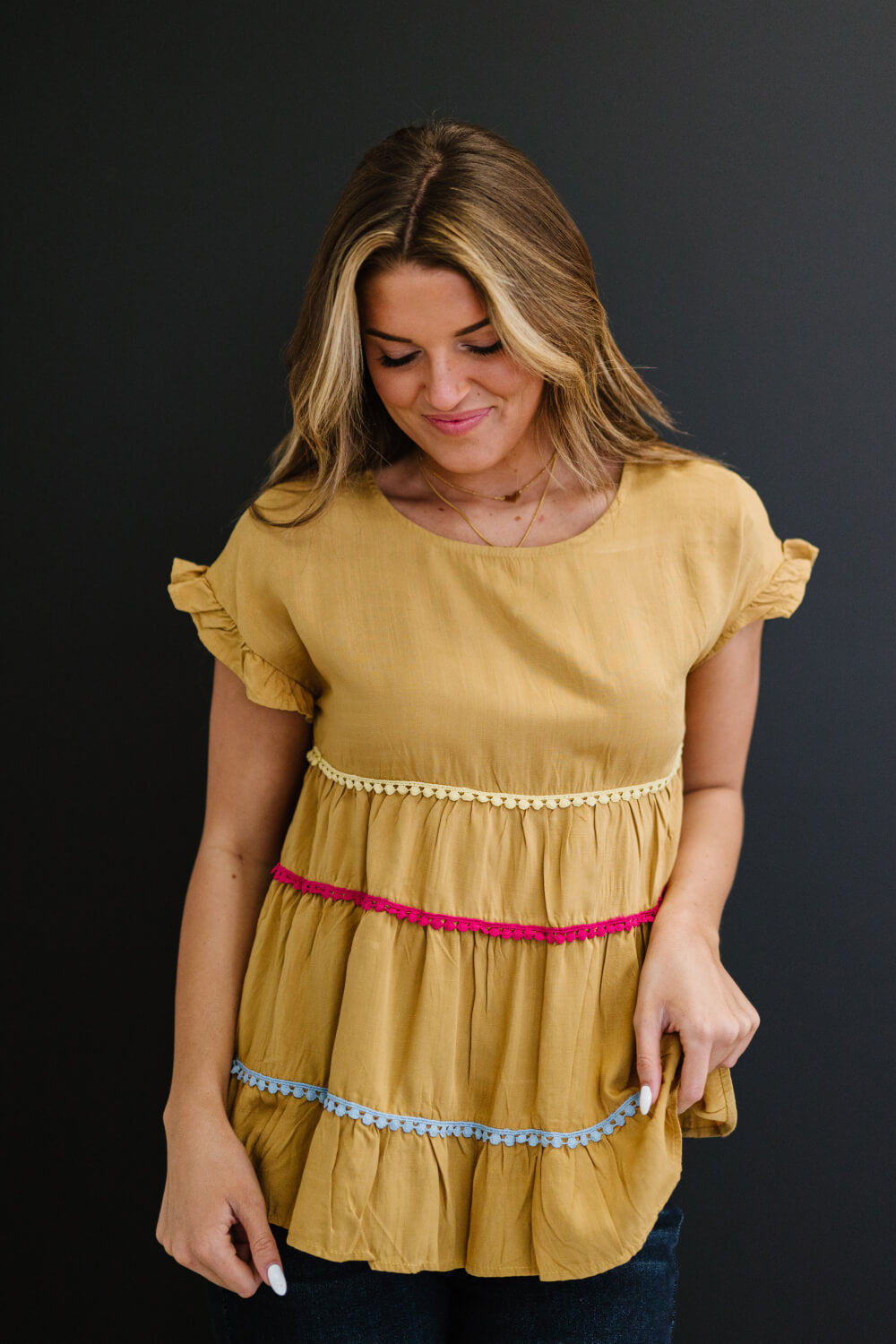 Andree by Unit Creatively Colorful Full Size Run Pom-Pom Babydoll Top
