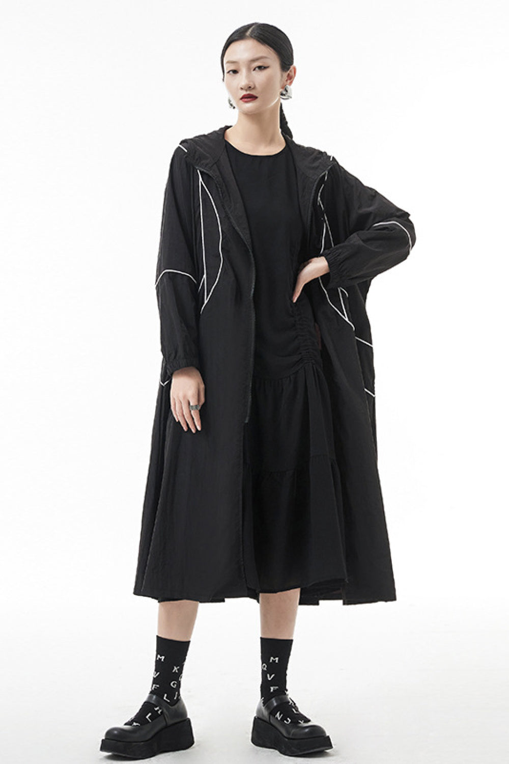 Contrast Stitching Zip Up Hooded Coat