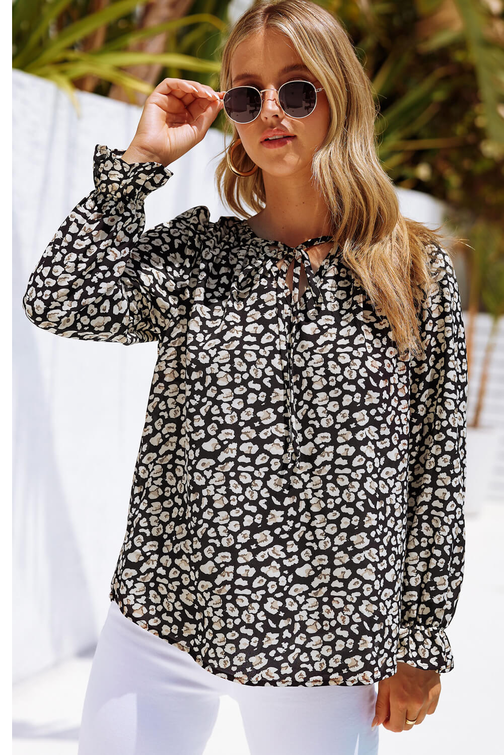 Printed Tie Neck Flounce Sleeve Top