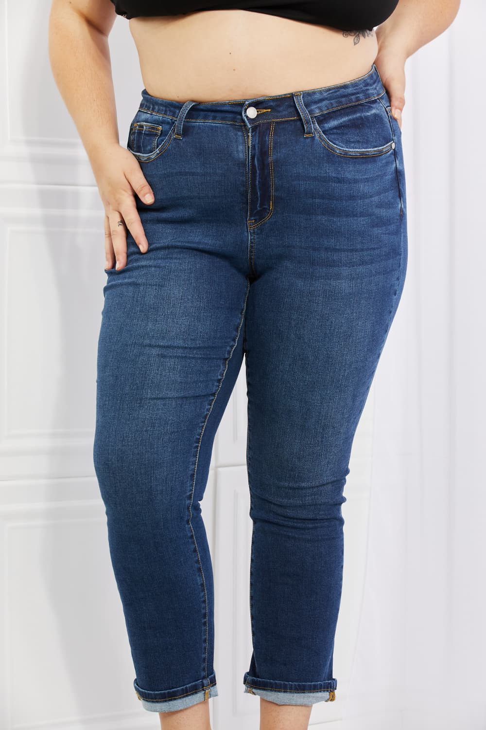 Crystal Full Size High Waisted Cuffed Boyfriend Jeans