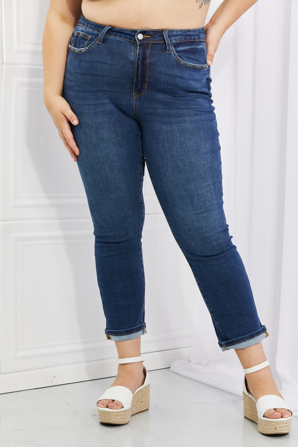 Crystal Full Size High Waisted Cuffed Boyfriend Jeans