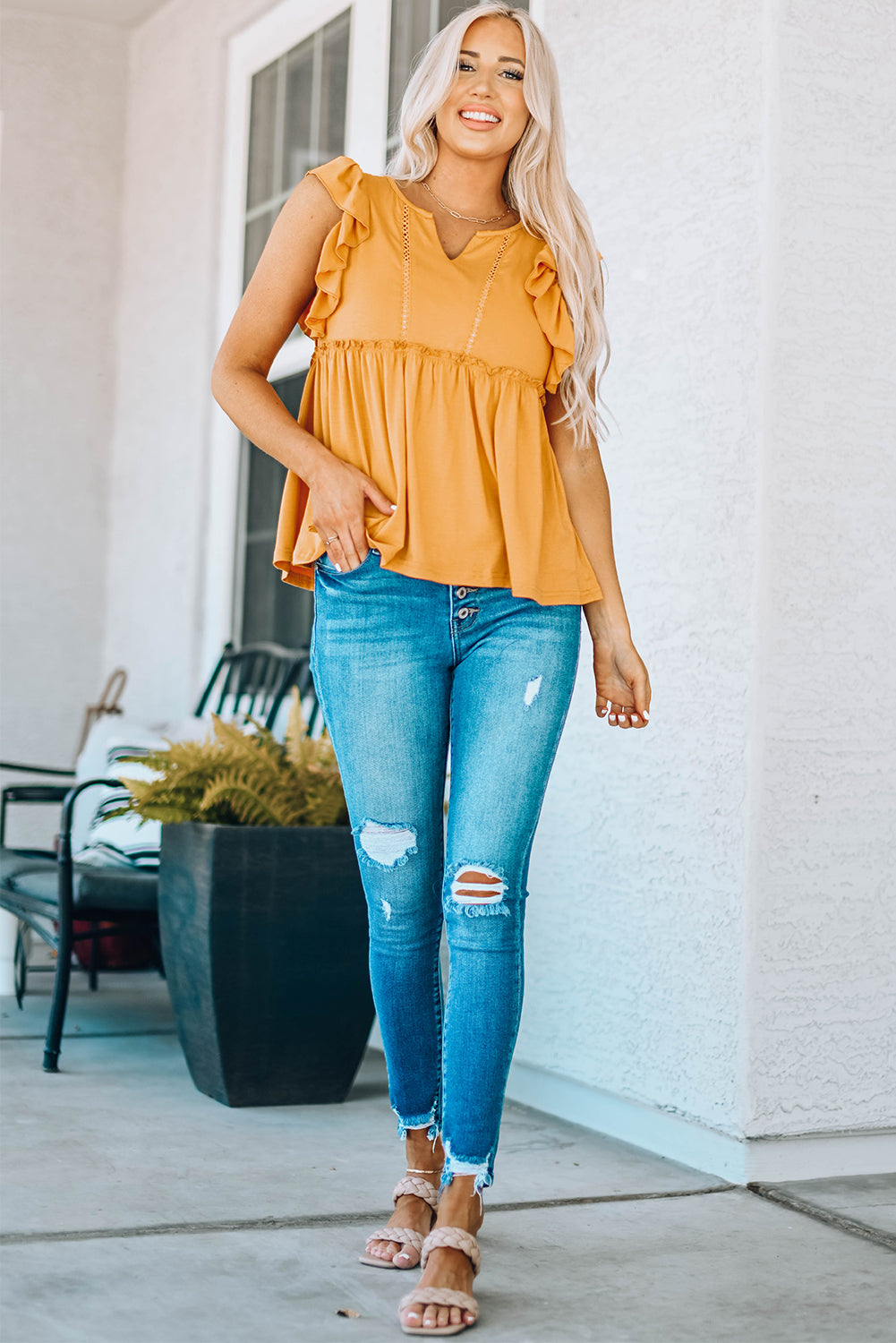 Ruffle Shoulder Frill Trim Babydoll Top