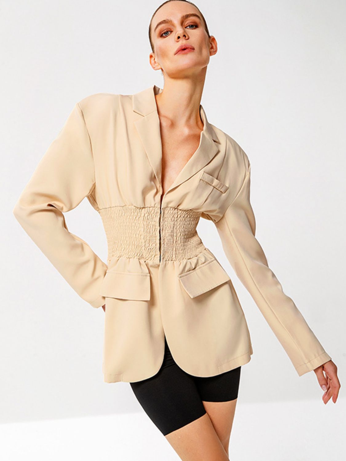 Smocked Waist Lapel Collar Blazer