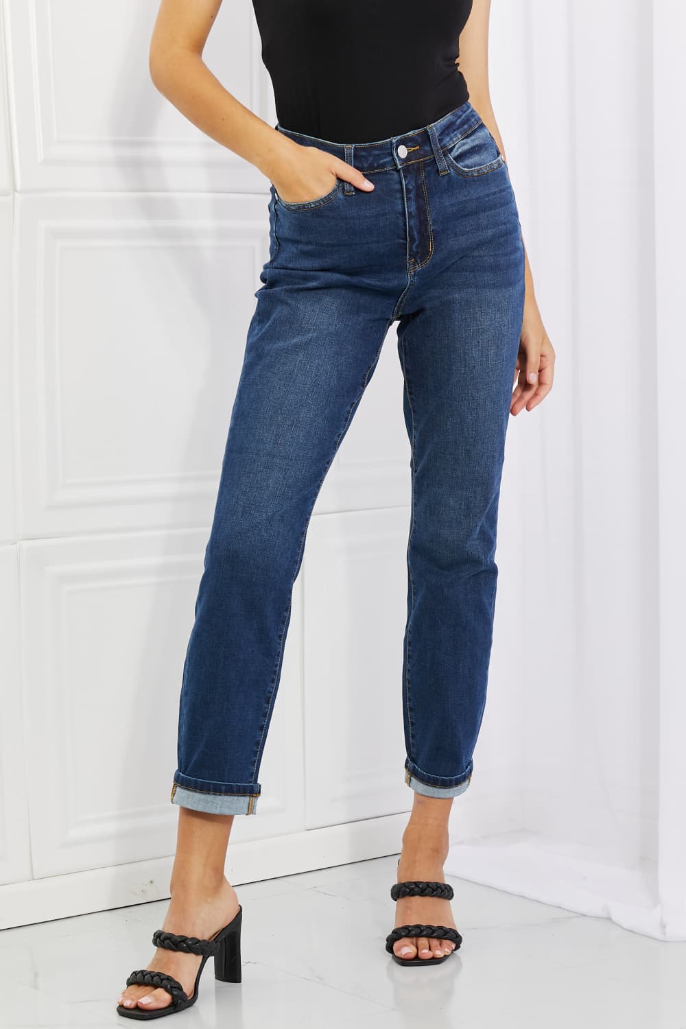 Crystal Full Size High Waisted Cuffed Boyfriend Jeans