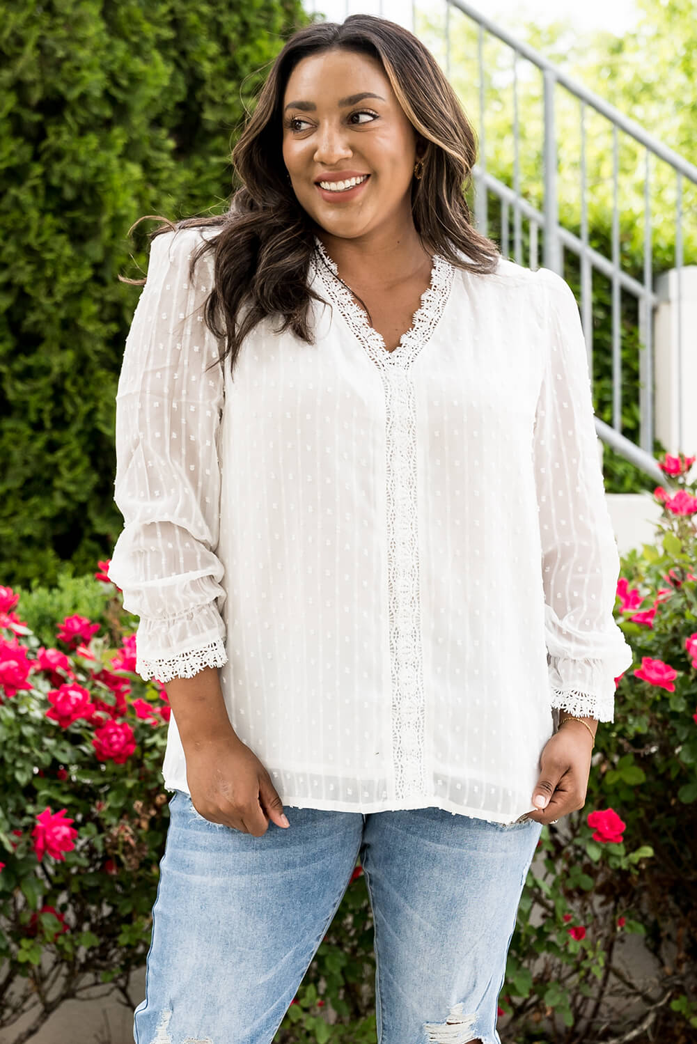 Plus Size Swiss Dot Lace Trim Blouse