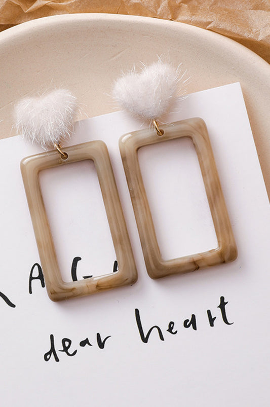 Rectangular Furry Heart Drop Earrings
