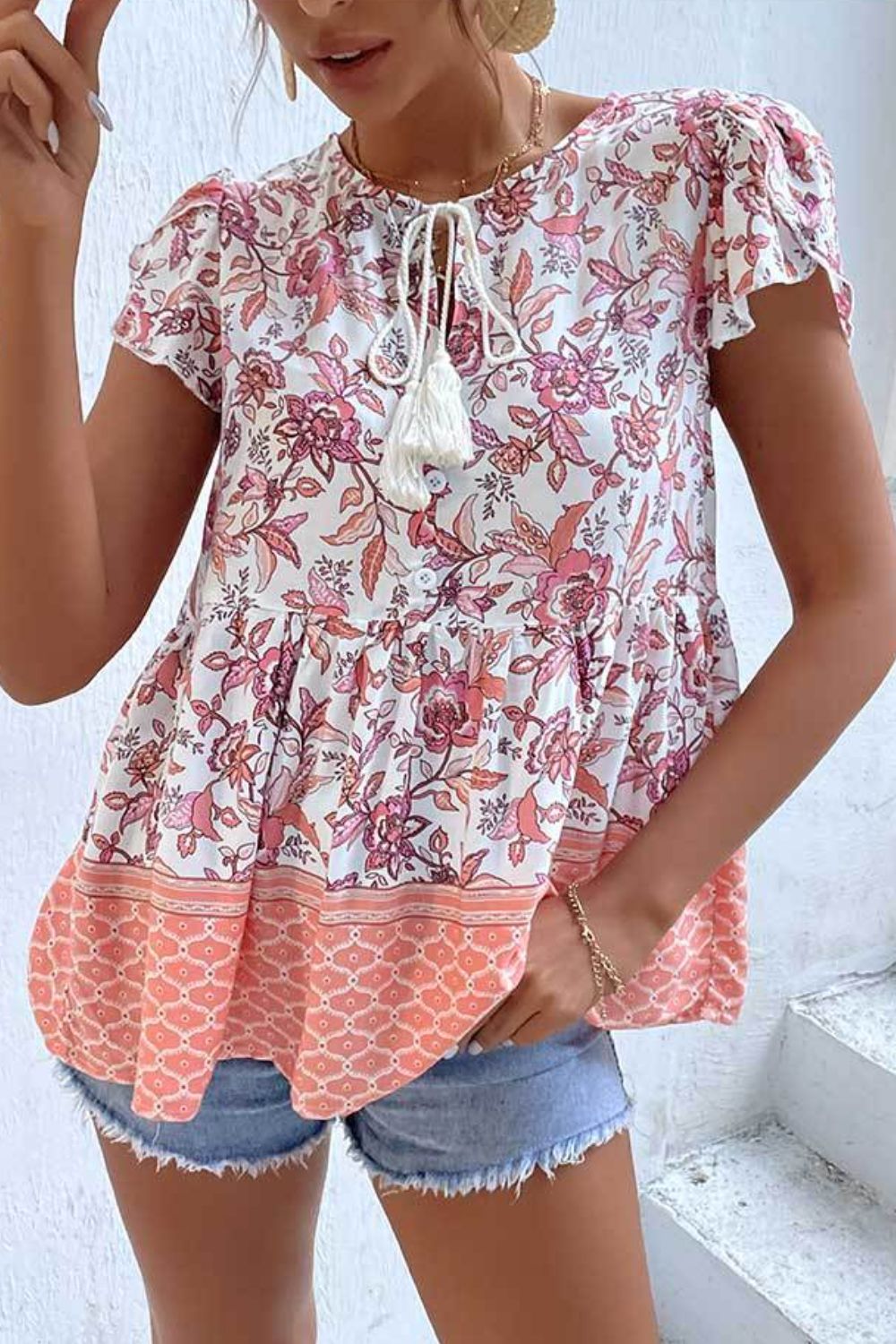 Mixed Print Half Button Petal Sleeve Babydoll Blouse