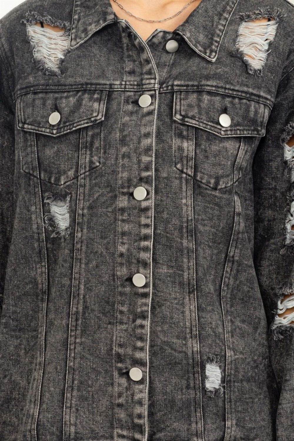 Tess Distressed Denim Jacket in Black Denim