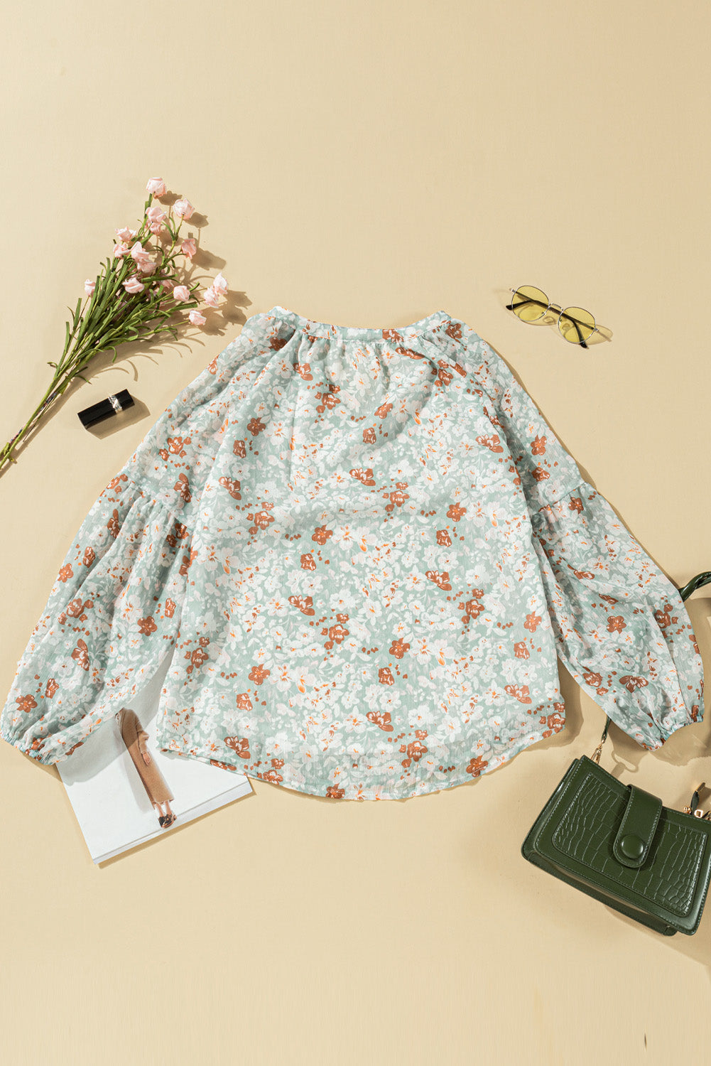 Floral V-Neck Curved Hem Blouse