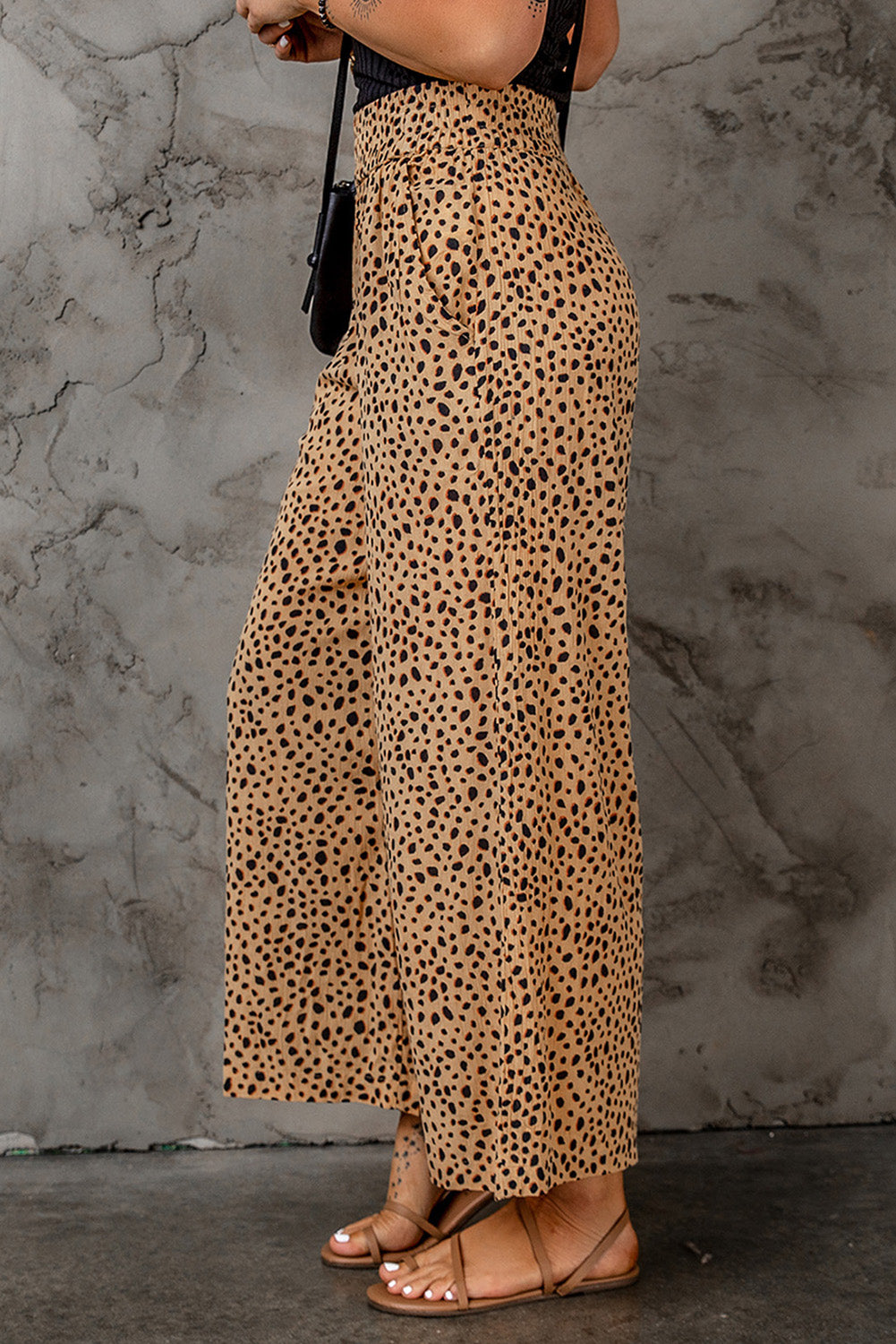 Leopard Print Wide Leg Pants with Pockets