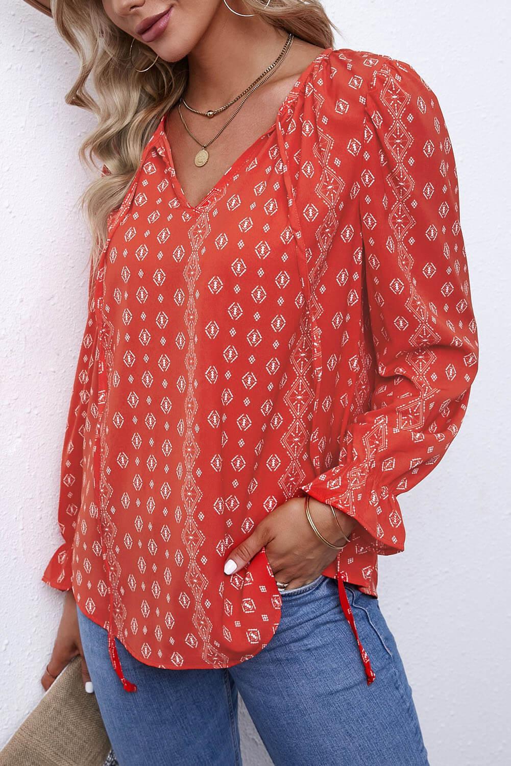 Printed Tie Neck Flounce Sleeve Top