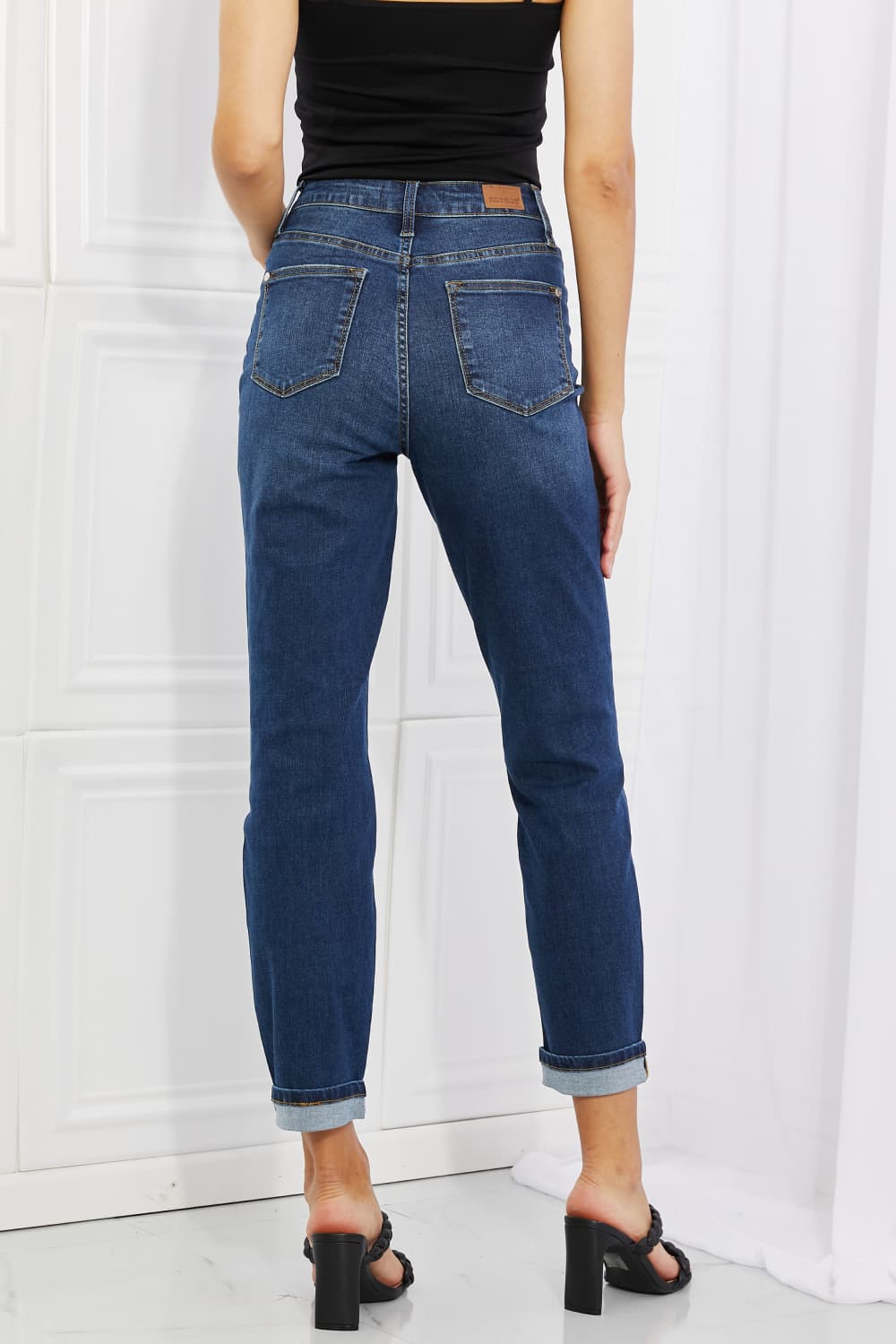 Crystal Full Size High Waisted Cuffed Boyfriend Jeans