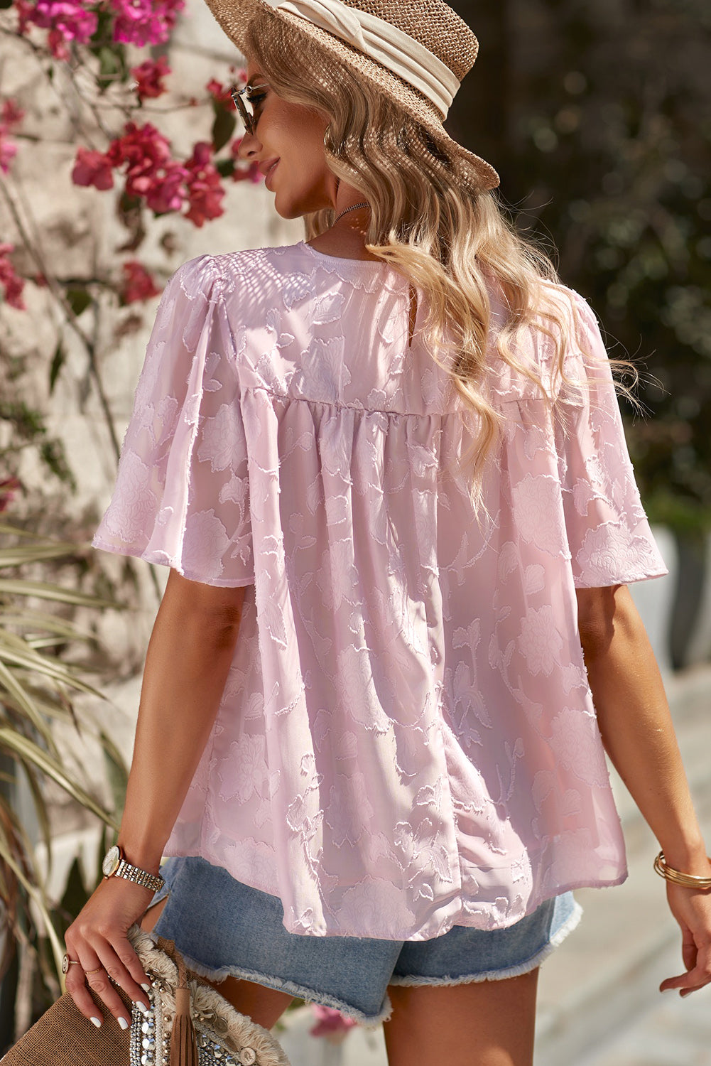 Gathered Detail Flutter Sleeve Babydoll Top